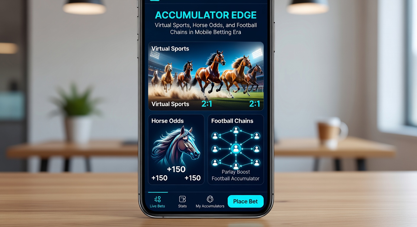 Close-up of a virtual sports betting interface on a tablet, showing an active accumulator bet with horse racing simulations, football chains, and live odds fluctuating in real-time