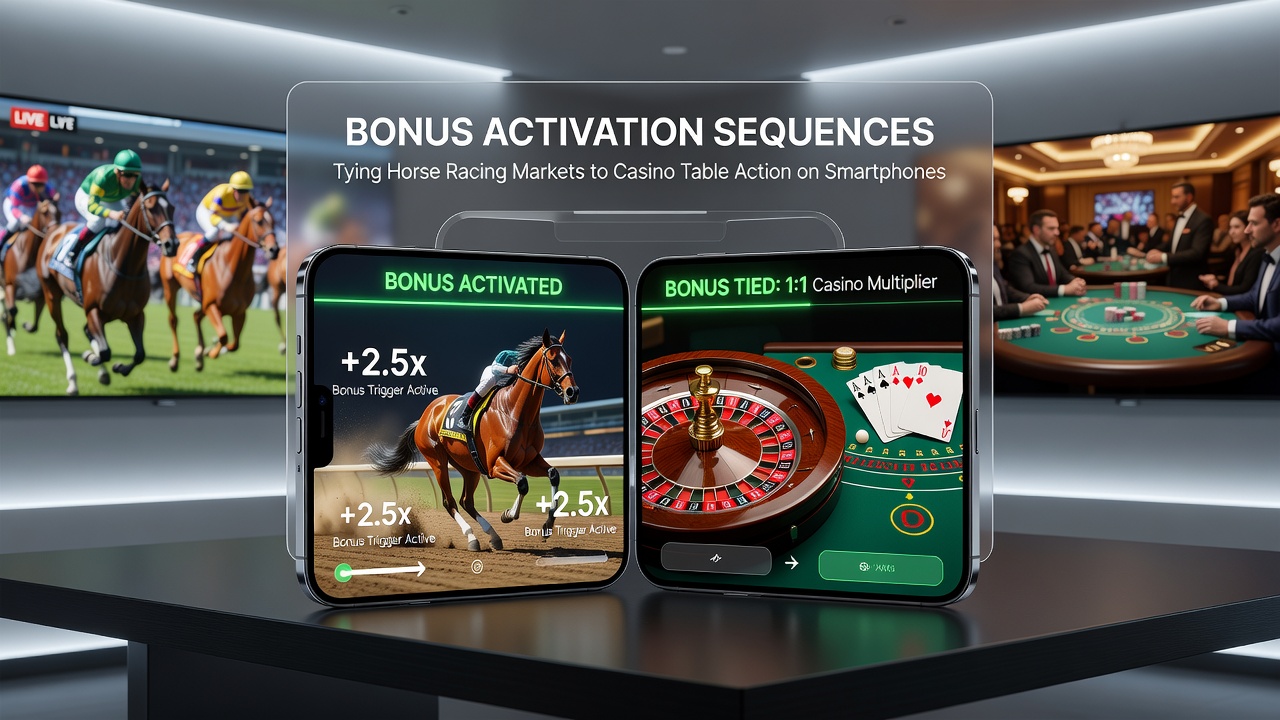 Close-up of mobile app interface showing bonus progress bar between horse racing selection and live casino table options