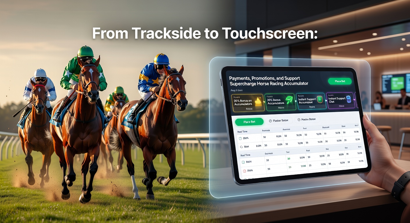 Dynamic split-screen view of a betting app showing promotions for horse racing accumulators, virtual sports events, and soccer betting slips with instant payment icons
