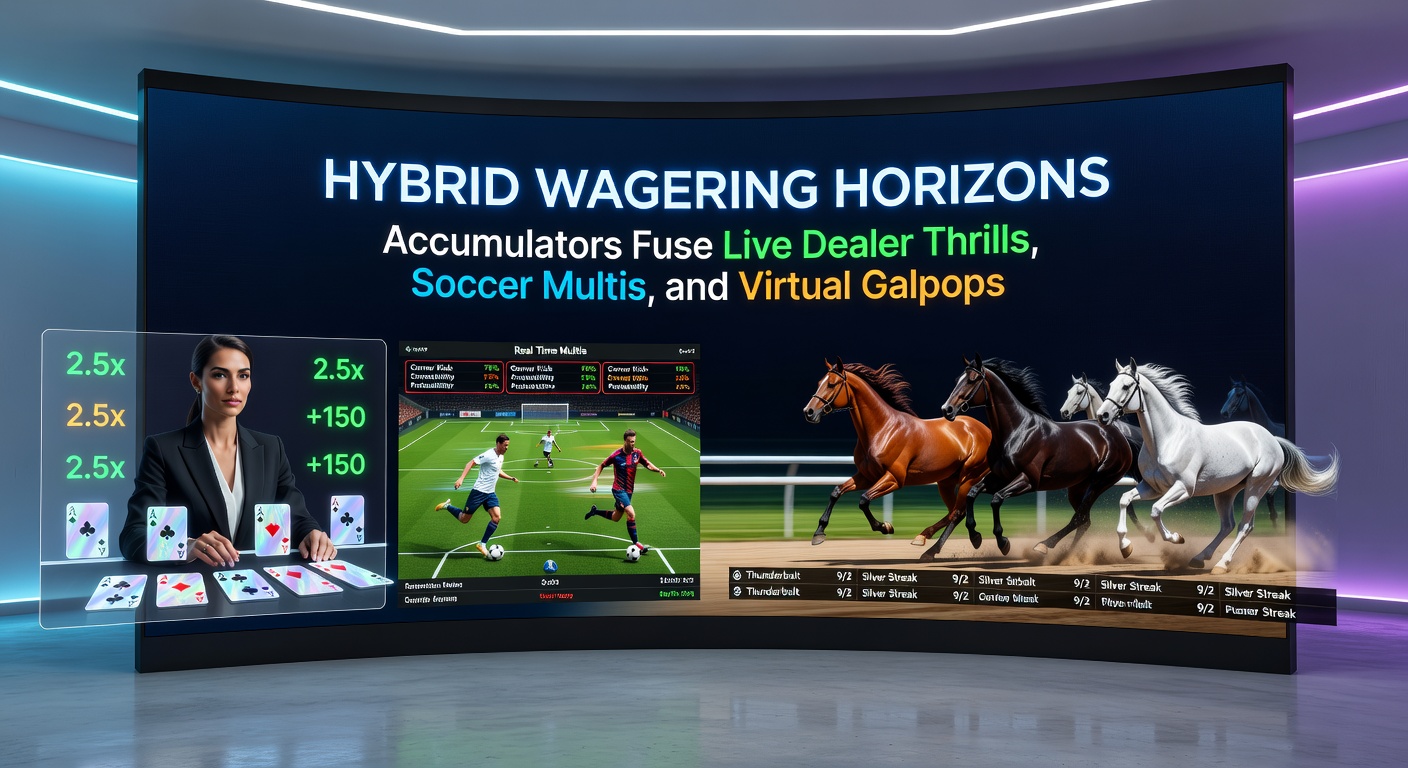 Close-up of a smartphone displaying a winning hybrid accumulator slip: live dealer baccarat win stacked with soccer parlay and virtual horse race payout, odds highlighted in green with confetti animation