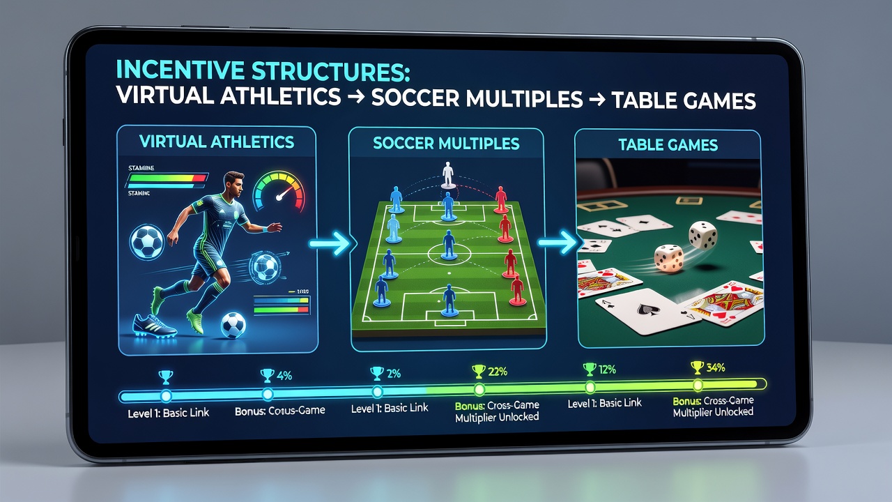 User progression screen on a handheld device illustrating linked incentives between virtual sports, football multiples, and table games