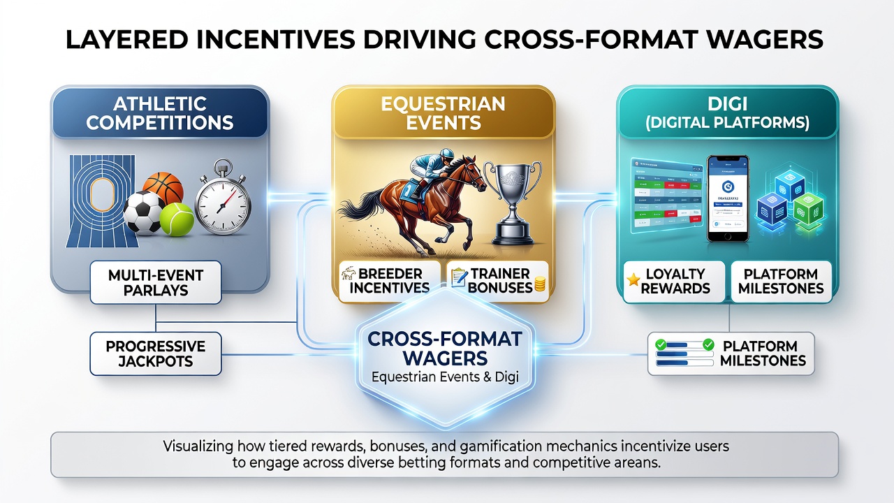 Cross-format wagers connecting equestrian events with athletic and virtual betting options