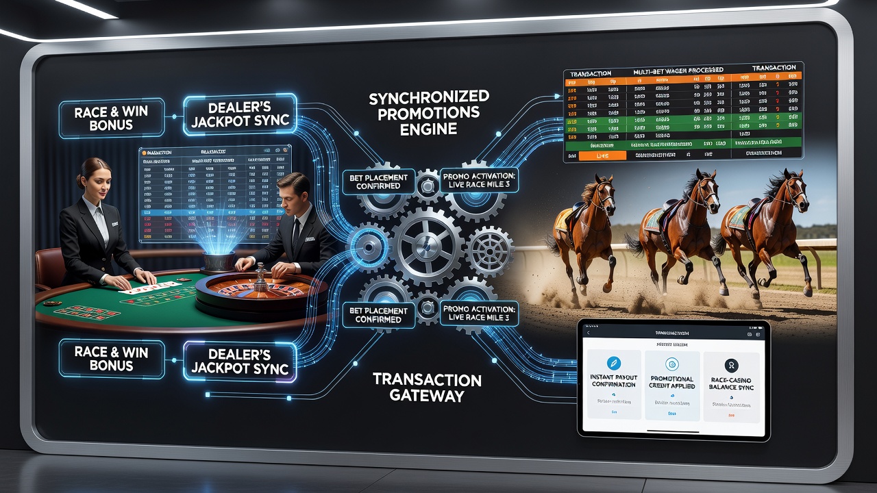 Flowchart showing real-time data exchange between racing bet processors, live dealer software, and shared promotional ledgers