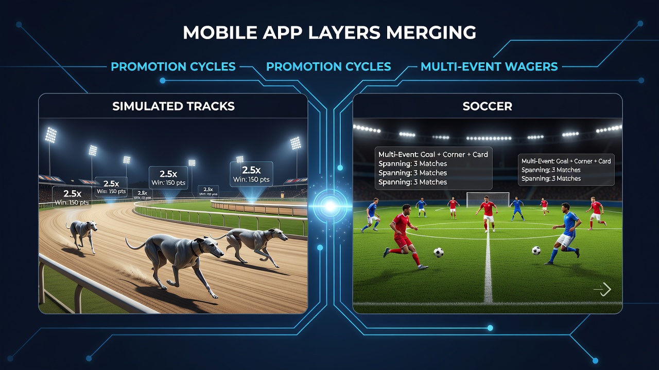 Live dealer table integrated with soccer accumulator and virtual track wager on a single mobile screen
