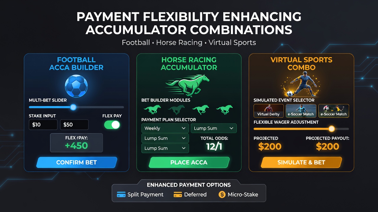 User combining accumulator bets from football, horse racing, and virtual sports on a mobile casino screen with flexible payment options highlighted