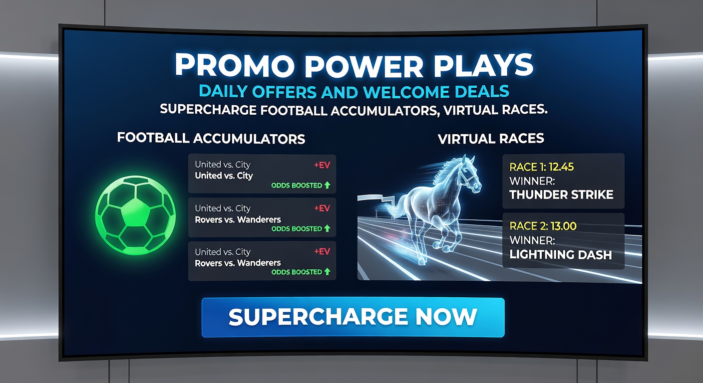 Dynamic graphic of a mobile betting app interface showing stacked promotions for horse racing odds, virtual race results, and casino bonus wheels activating during a football accumulator build