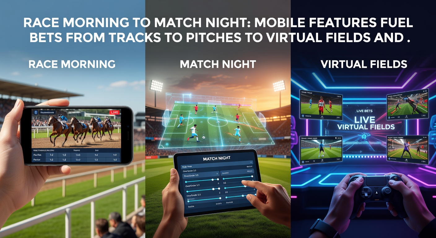 Smartphone screen split between virtual horse race, soccer accumulator odds, and live casino table interface