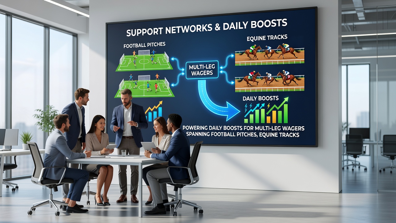 Diagram showing mobile app interfaces linking support services for multi-leg bets in sports and racing